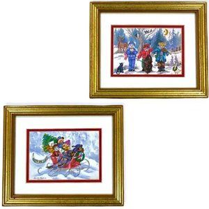 Pair Helen Paul Winter Christmas 11.5" x 9.5" Gold Framed Art Prints Teddy Bears